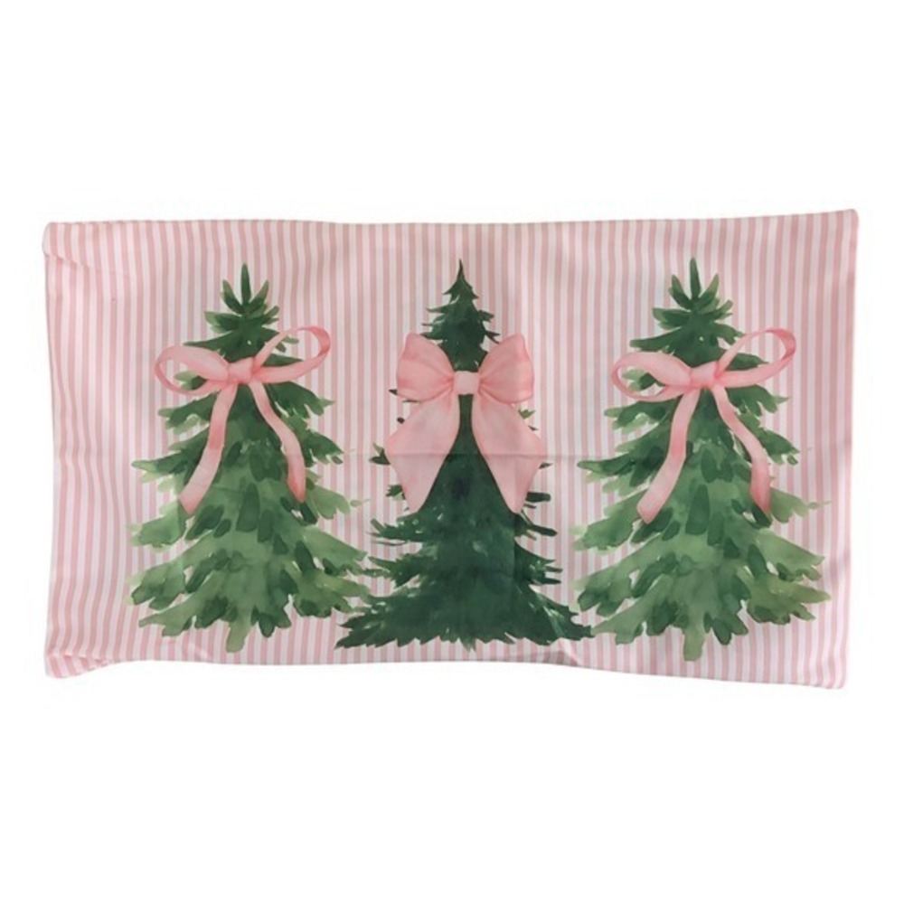 NEW Set of 2 Pink White Striped Christmas Tree‎ Bow Pillow Cover Holiday